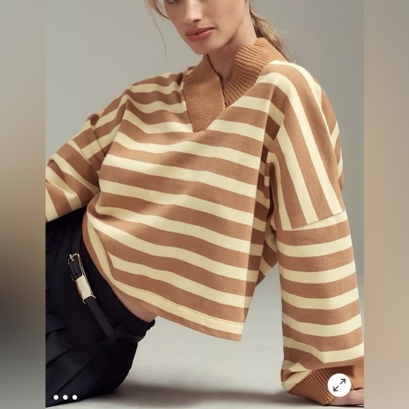 Anthropologie Sweaters - NWT new medium Anthropologie Maeve cotton boxy v-neck top tan yellow stripe